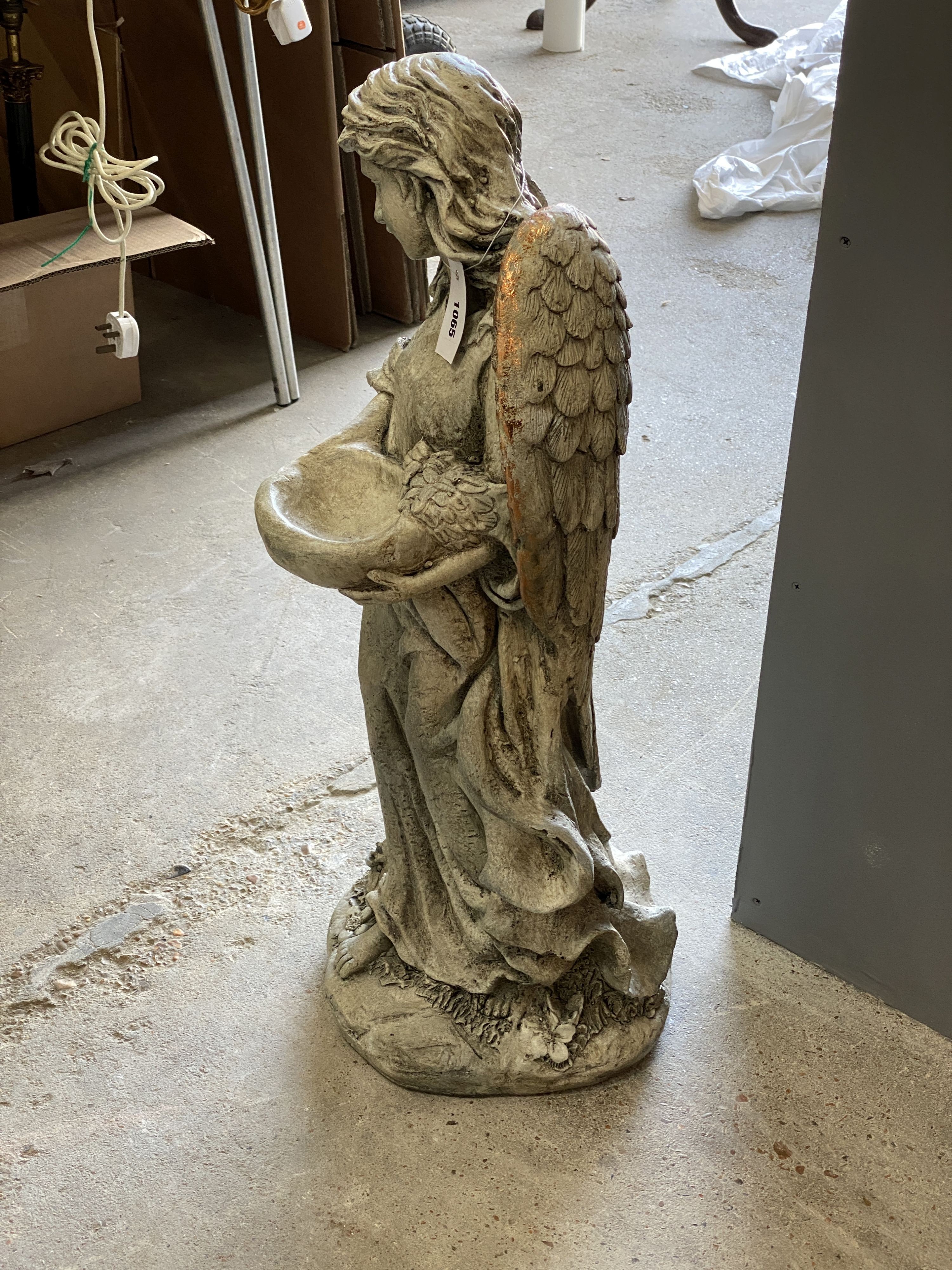 A fibre clay parcel gilt 'Angel' garden birdbath, height 79cm